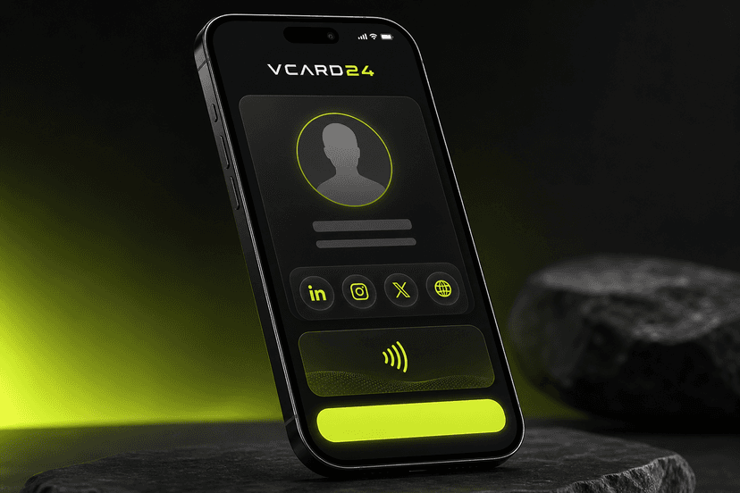 VCARD24 dijital kartvizit profil ekranı — telefonda örnek profil, bağlantılar ve NFC göstergesi